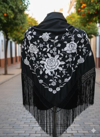 Manton bordado flores negro y blanco
