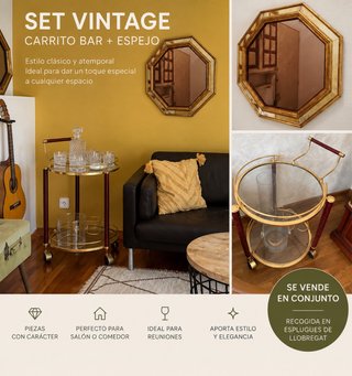 Set Vintage Carrito Bar + Espejo Dorado