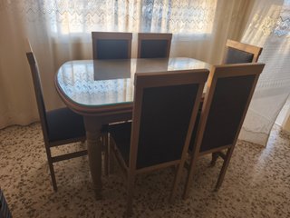 Mesa comedor cristal y 6 sillas madera