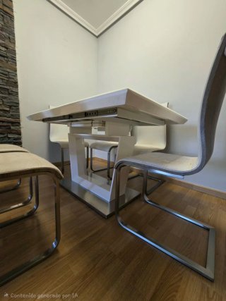 Mesa de comedor moderna blanca y aluminio.+6sillas