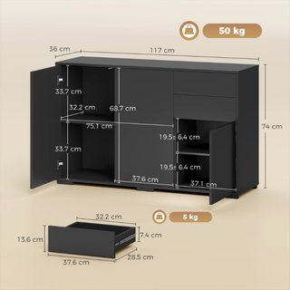 Aparador, 2 cajones, Push-Click, 117 cm x 36 cm x