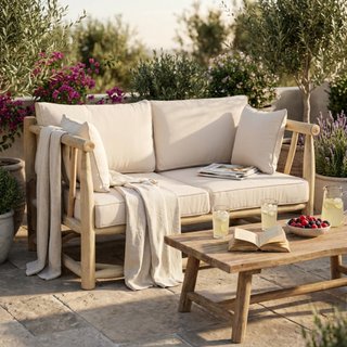 Divano da Esterno Bianco in Legno Teak con Cuscini