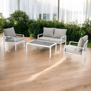 Set Salotto da Esterno 4 Posti Bianco con Cuscini