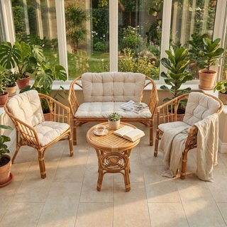 Salotto da Esterno 4 Posti in Rattan con Cuscini
