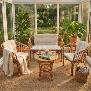 Salotto da Esterno 4 Posti in Rattan con Cuscini