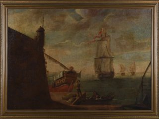 Pintura Escuela Europea Antigua. Titulo: Puerto