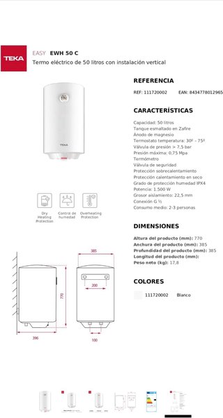 Calentador Eléctrico Teka 50L Nuevo