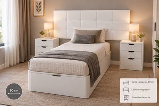 Cama canapé 90cm + cabecero + 2 mesitas