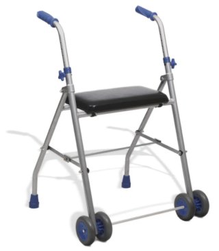 Andador para mayor con asiento y ruedas dobles.