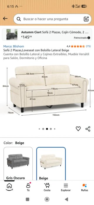 Sofá 2 Plazas Blishom Beige/Gris