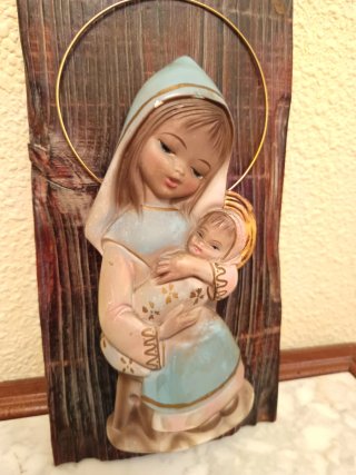 Retablo Virgen con Niño Relieve Madera Años 60