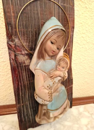 Retablo Virgen con Niño Relieve Madera Años 60