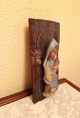 Retablo Virgen con Niño Relieve Madera Años 60