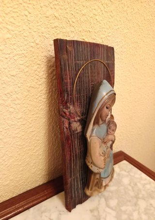 Retablo Virgen con Niño Relieve Madera Años 60
