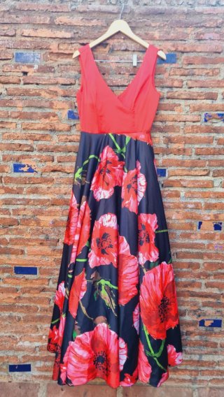 Vestido fiesta largo lazo amapolas T.40