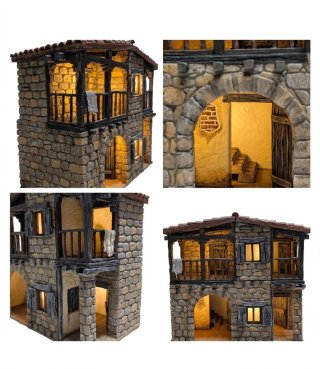 Casa piedra con balcones de madera para el belén.