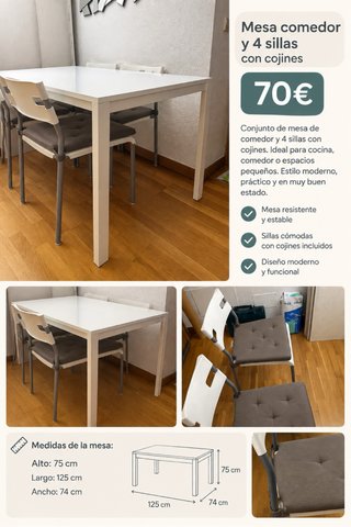 Mesa comedor blanca y 4 sillas