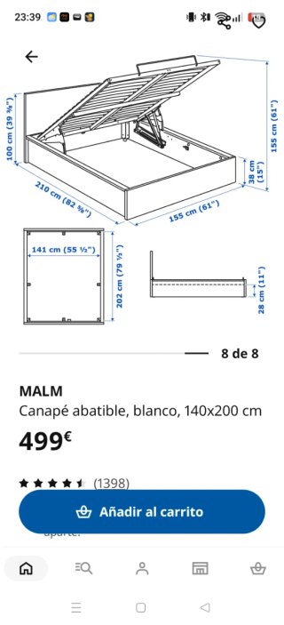 Cama MALM canapé IKEA 140x200 + colchón VALEVAG