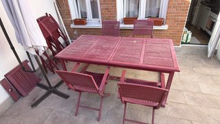 Conjunto Mesa y 8 Sillas Jardín Madera + sombrilla