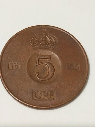 Moneda 5 Ore Suecia 1953