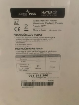 Purificador de aire Home Plus y filtros de repuest
