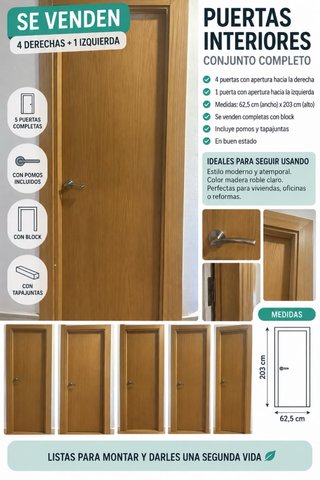 5 Puertas Interiores Roble Natural Completas