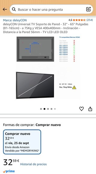 Soporte TV de 35” hasta 65” para pared Inclinable