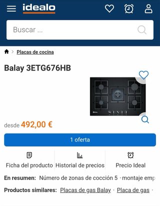 Placa de gas Balay 5 fuegos 75cm