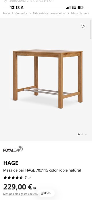 Mesa alta roble natural 70x115x95