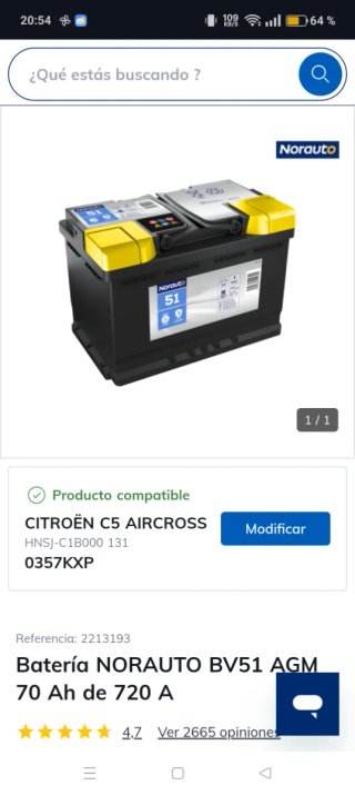 Batería NORAUTO BV51 AGM 70Ah 720A