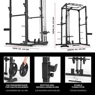 Gimnasio. Rack de potencia, pesas y banco