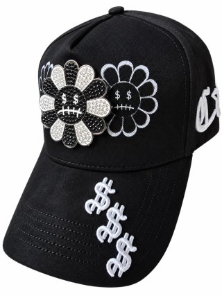 Gorra Negra con Diseño de Flor y Dólares