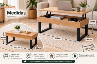 Mesa Centro Elevable Madera Pino con Almacenaje