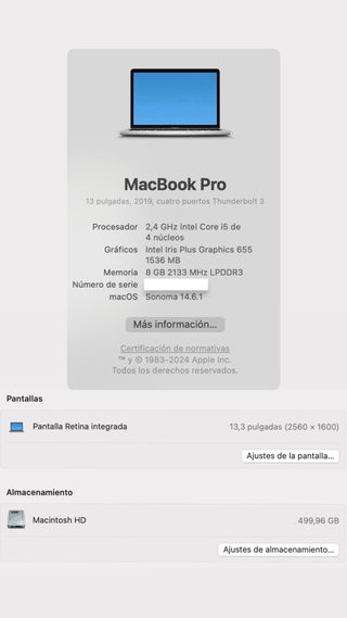 MacBook Pro 13” 2019 - i5/8GB/500GB SSD Plata