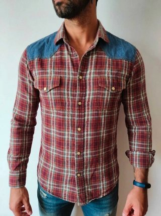 Camisa Zara Denim de Cuadros Roja Slim Fit Talla M