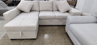 Chaise Longue Sofá Cama 250cm con Arcón y 2 Puff
