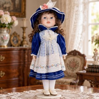Muñeca de porcelana vintage con vestido azul