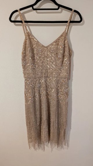 Vestido fiesta brillantes i flecos XS, Rosa dorado