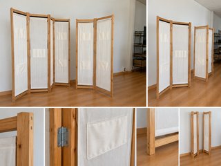 2 biombos madera abeto y tela crema, 3 y 4 hojas
