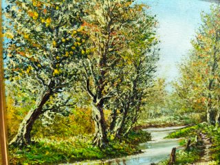 Cuadro óleo paisaje río y árboles