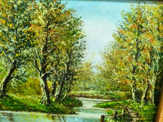 Cuadro óleo paisaje río y árboles