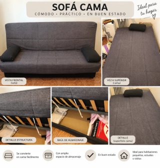 Sofá Cama Gris con Arcón y dos cojines