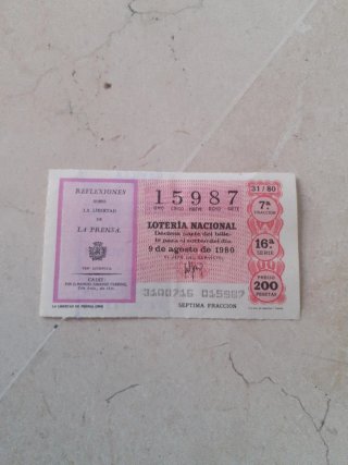 Billete Lotería Nacional 9 de agosto 1980