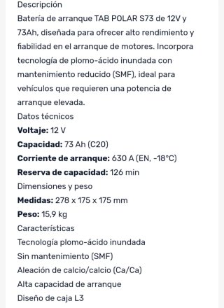 Batería Coche TAB 12V 73Ah 630A Polar