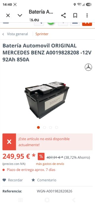 Batería Mercedes-Benz A0019822008