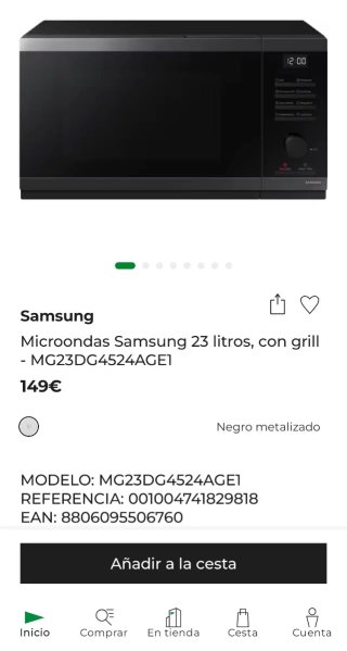 Microondas Samsung 23L, garantía marzo 2028