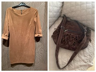 Vestido marrón manga 3/4 y bolso de flecos