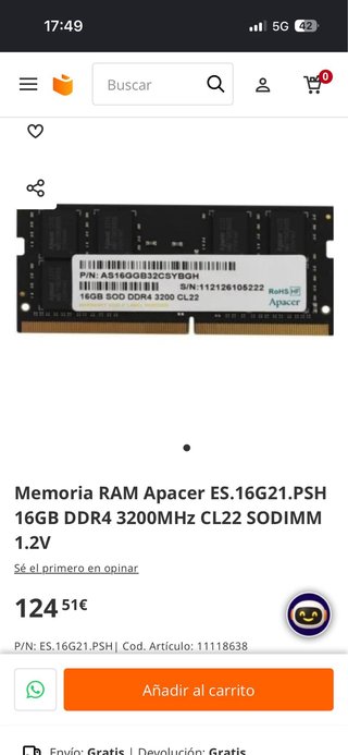 Memoria RAM Apacer 16GB DDR4 3200