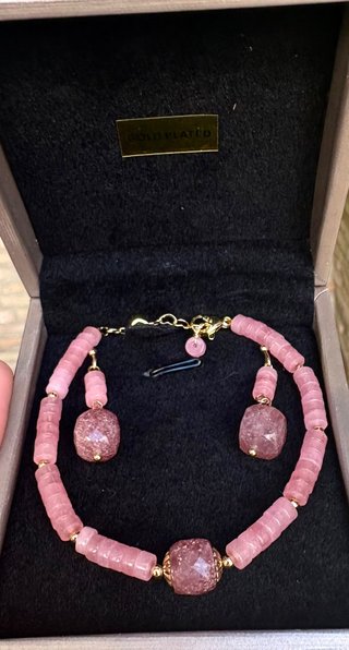 Conjunto de Pulsera y Pendientes Cuarzo Rosa