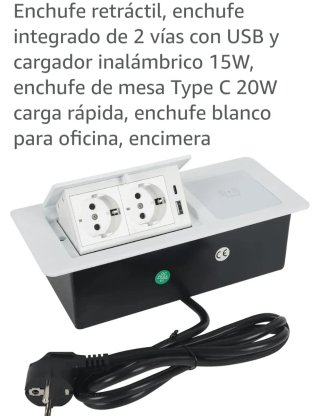 Enchufe retráctil con USB y cargador inalámbrico